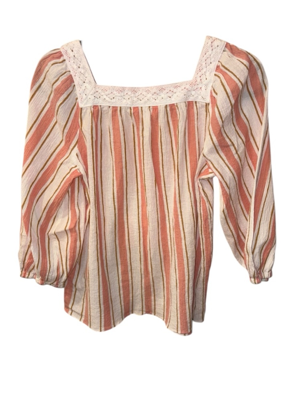 LC Lauren Conrad Striped Peasant Blouse Small Coral Cream Crochet Lace Boho - Picture 3 of 8